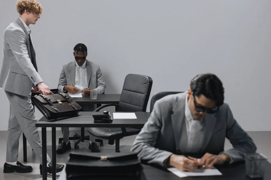 Teammitglieder arbeiten an einem Tisch mit Aktentaschen